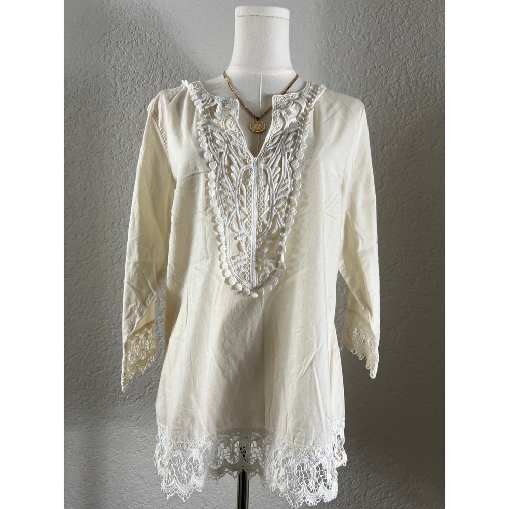 Ivory Cream Lace Crochet Bib Tunic Blouse 3/4 Sleeve Scalloped Trim Peasant Top